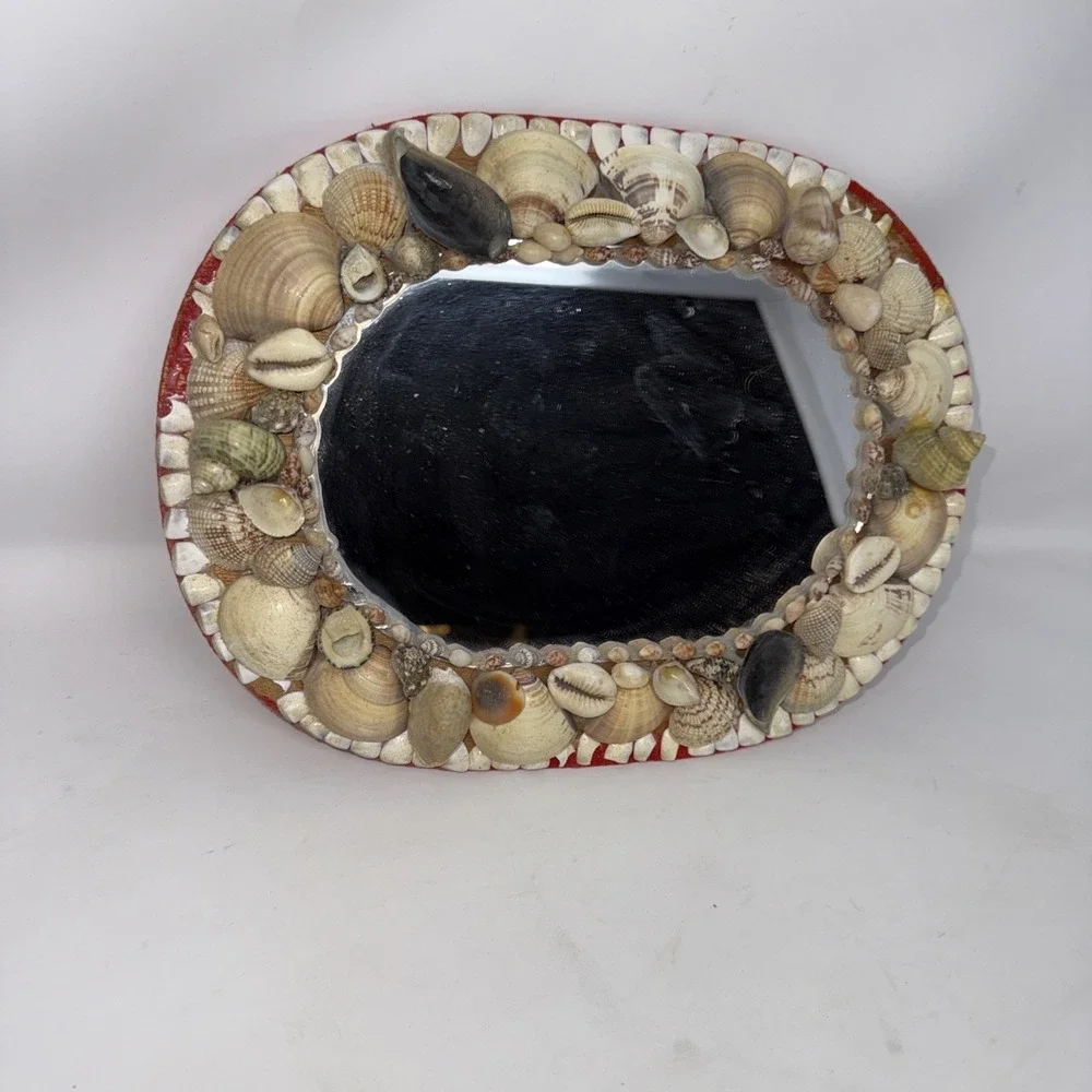 Vintage Oval Seashell Frame Wall Mirror 11.5X8.75 In Beach Damage Areas